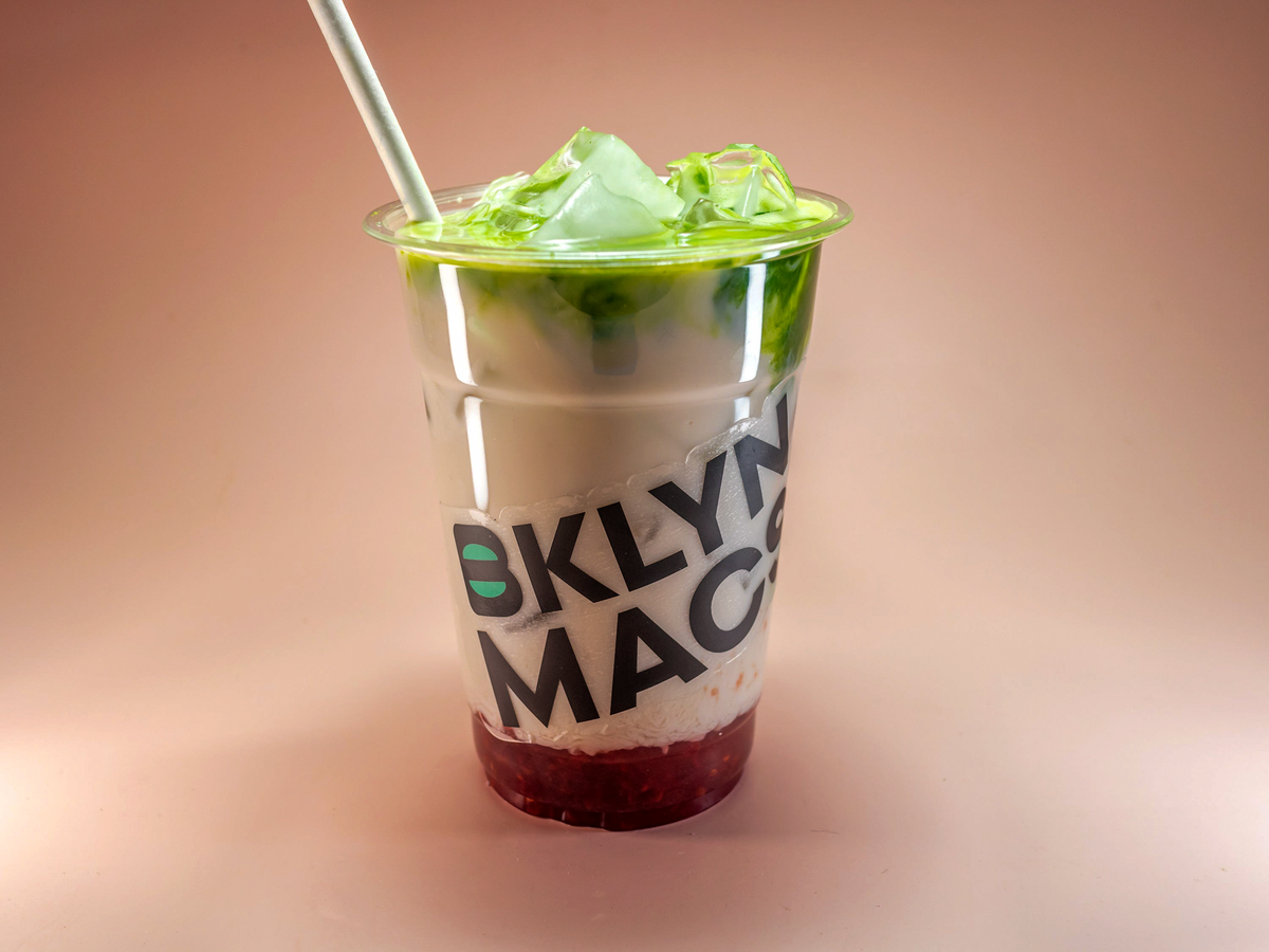 Raspberry Green Matcha Latte in a BKLYN MACS cup