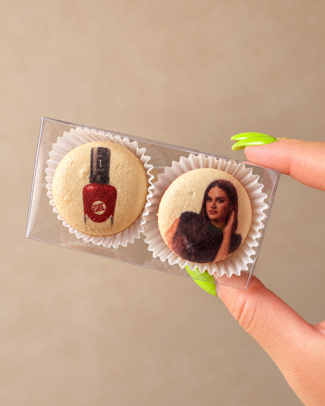 Two-macaron favor box: one printed with a Sally Hansen nail polish bottle, one with a portrait