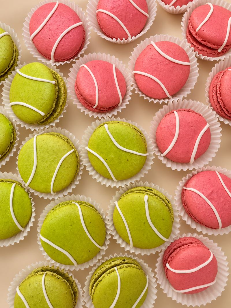 Pink and green tennis ball macarons for Evian at the US Open