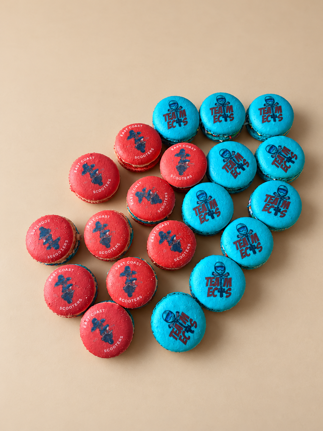 Red East Coast Scooters and blue Team ECS logo macarons