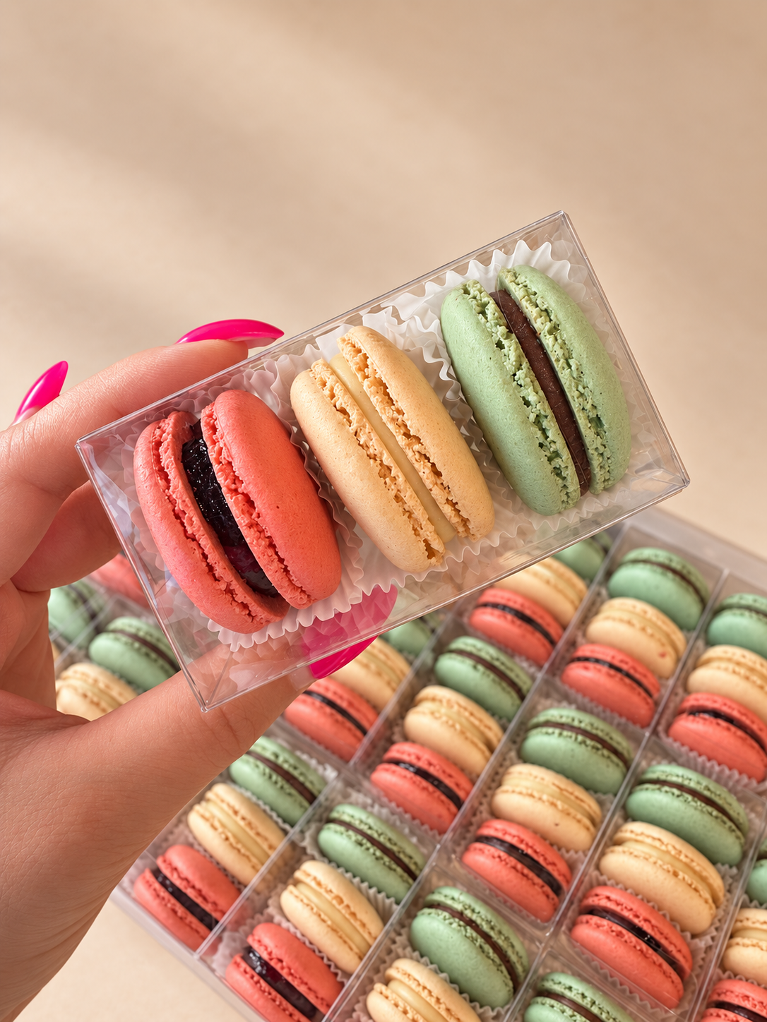 Clear favor box holding pink, vanilla and green macarons