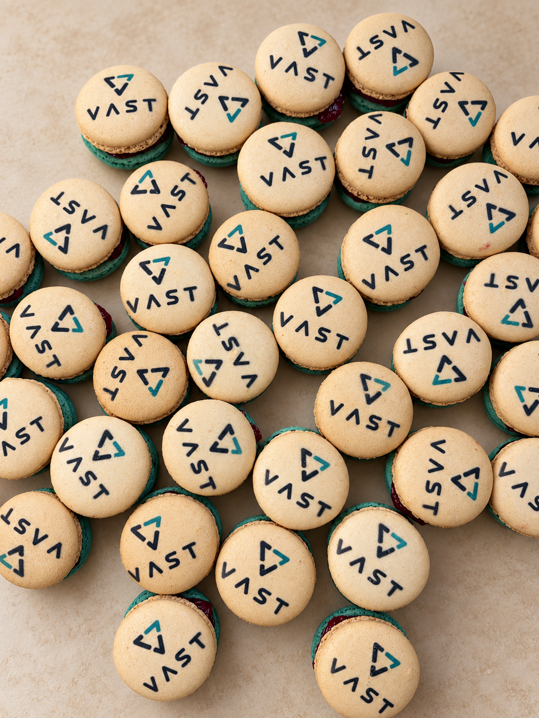 Ivory macarons printed with the black VAST logo