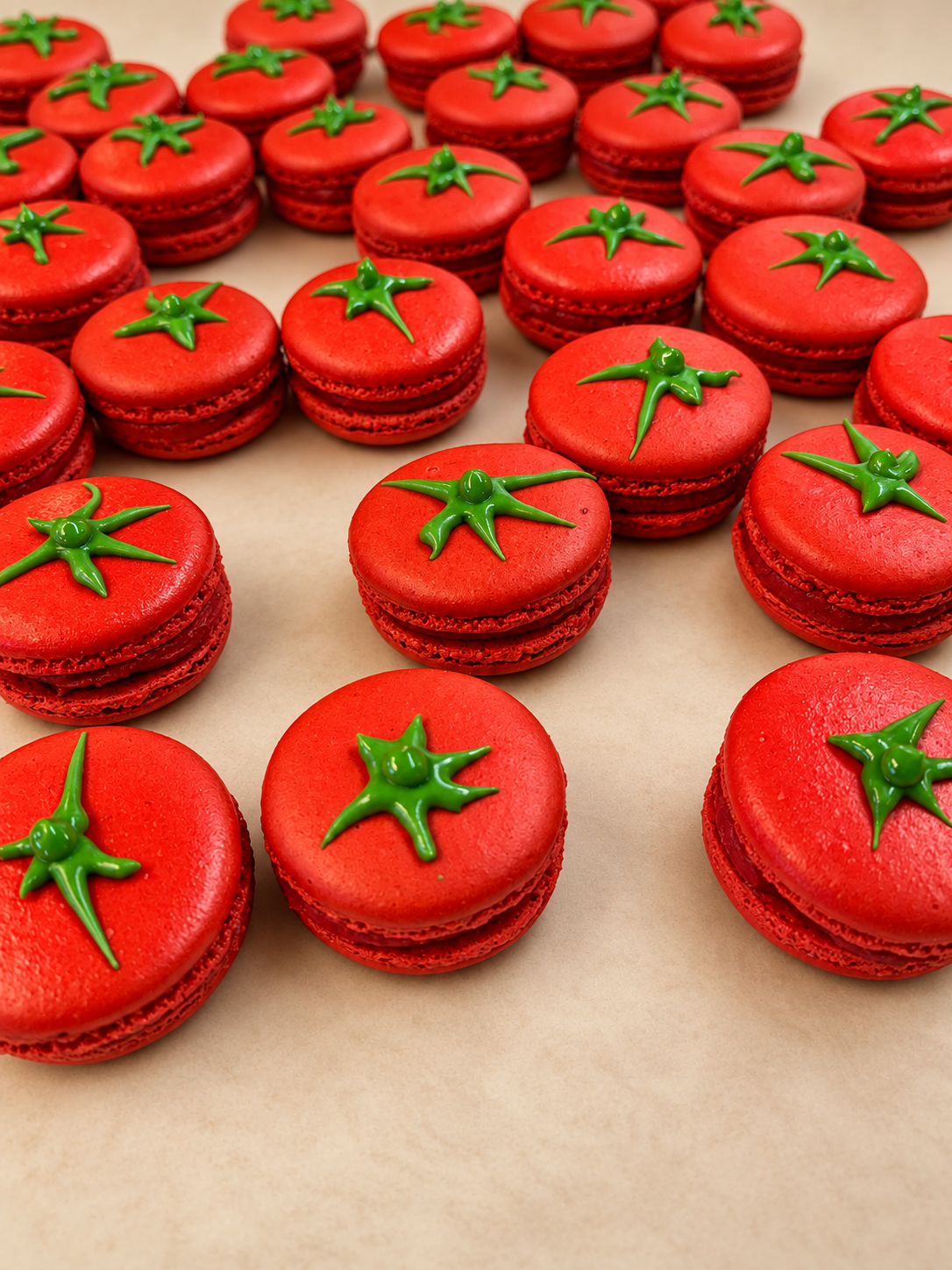 Red tomato macarons with piped green stems and leaves