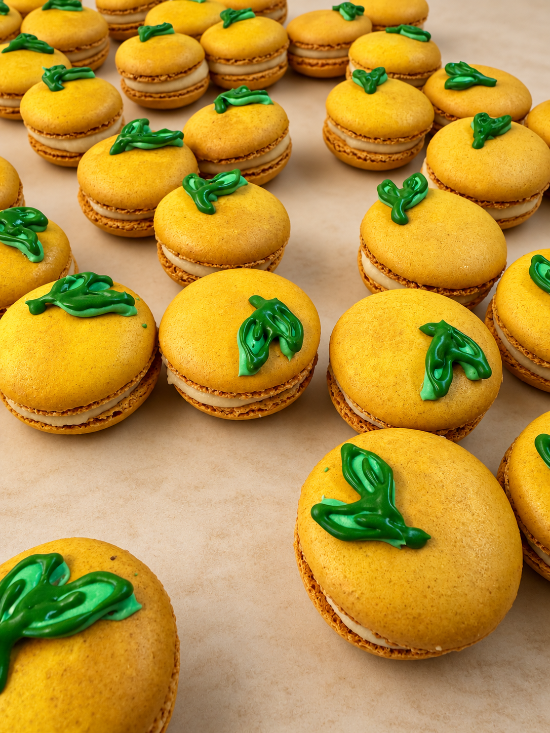 Yellow lemon macarons with piped green leaves