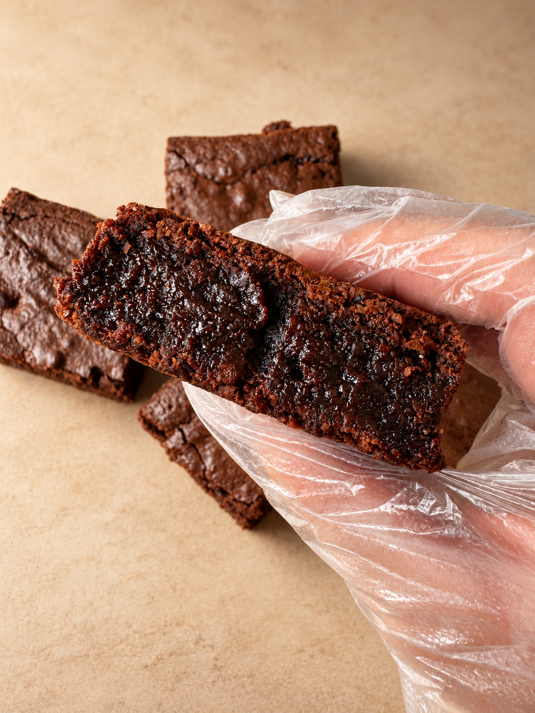 Gloved hand holding a thick chocolate brownie square