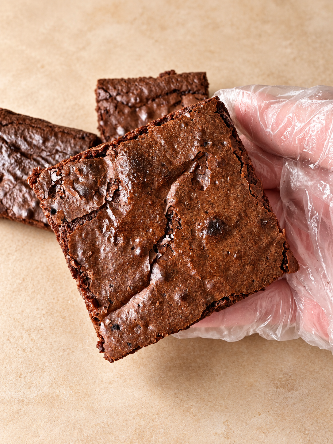Gloved hand holding two fudgy chocolate brownies