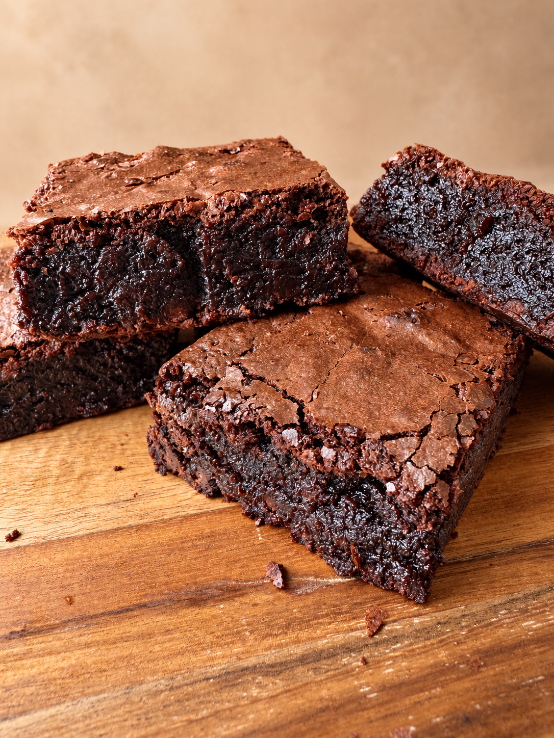 Fudgy chocolate brownies with crackly tops on a wooden board