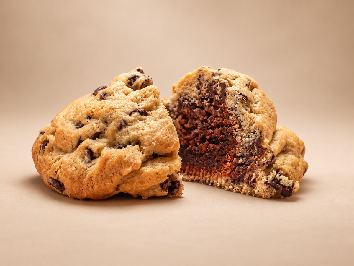 A mookie, a chocolate chip cookie stuffed with a macaron, broken open