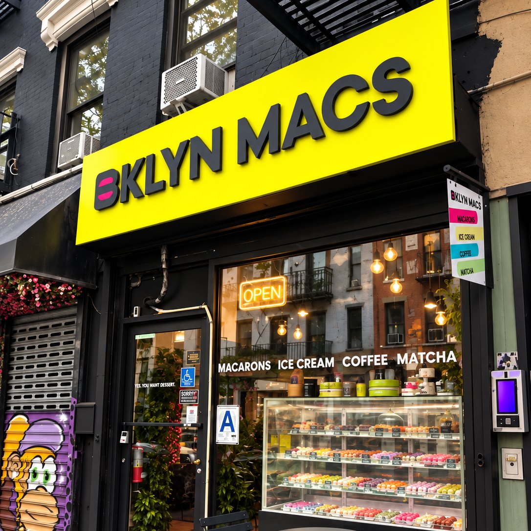BKLYN MACS storefront at 438 East 9th Street in the East Village, with a yellow sign and a window display of macarons