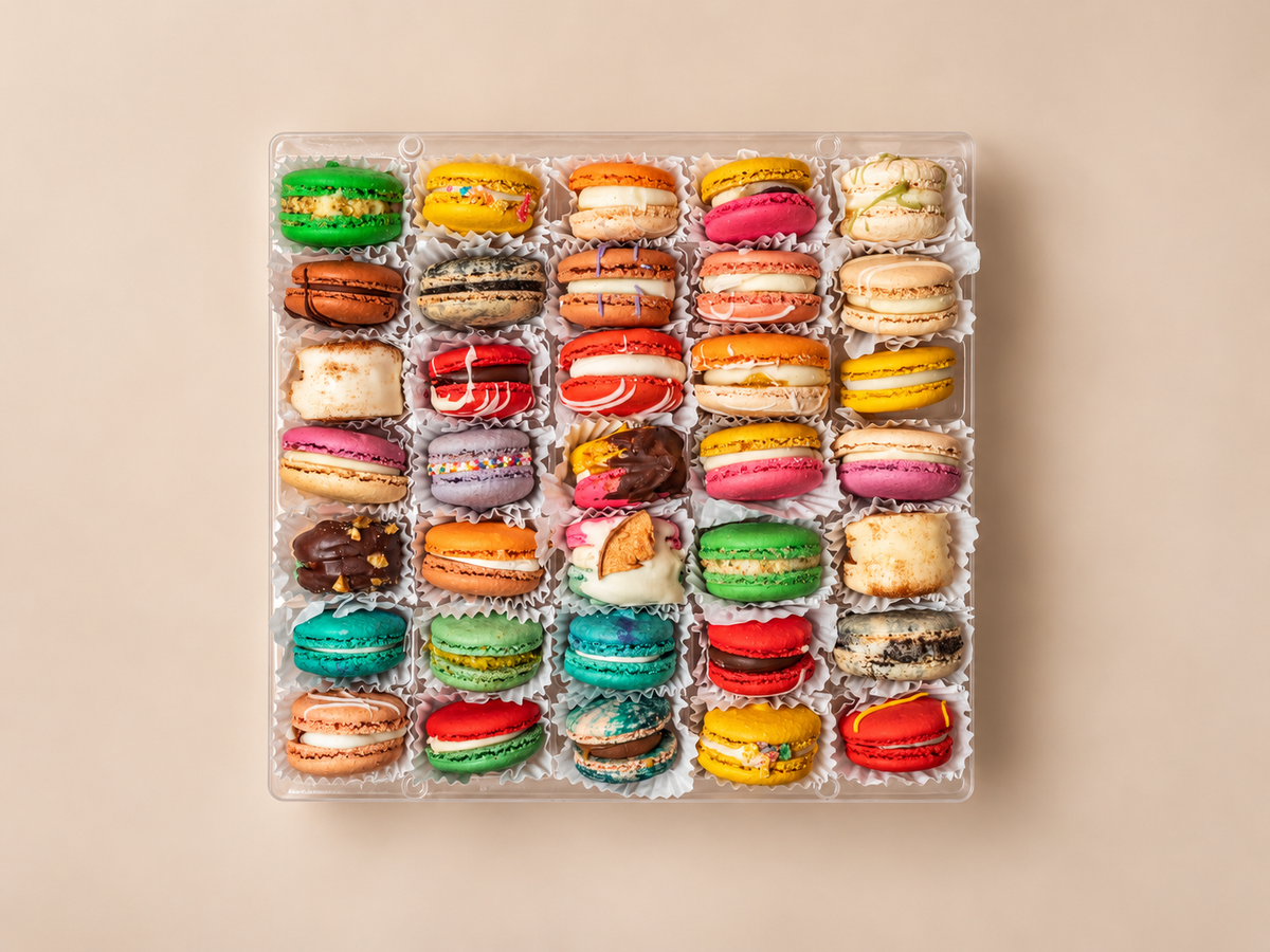 Clear tray of colorful assorted macarons from above