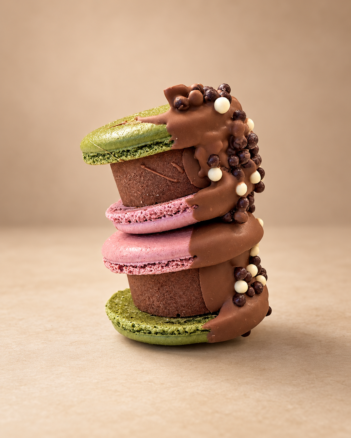 Two stacked macaron sandwiches with green and pink shells and a chocolate filling, dipped in chocolate with chocolate pearls