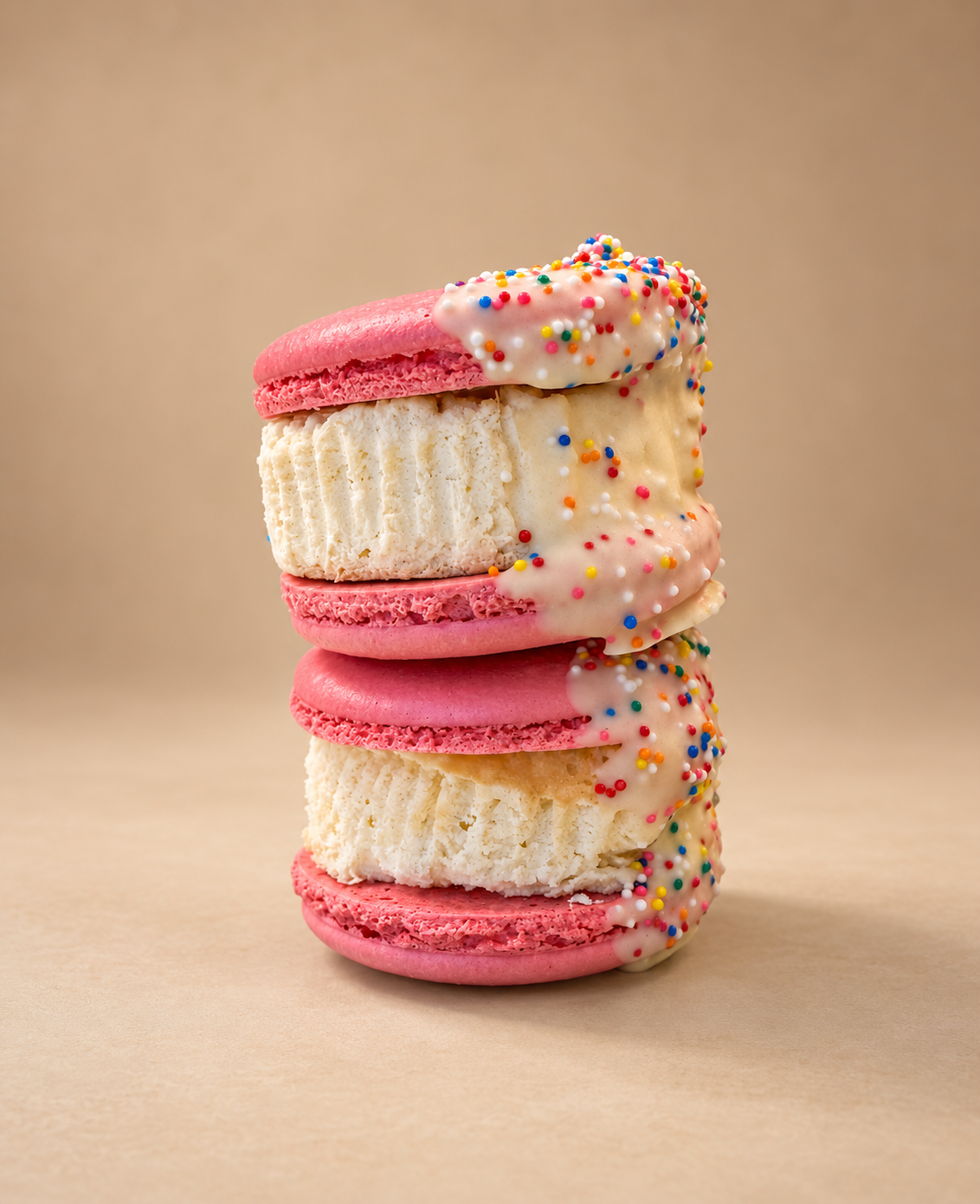 Two stacked pink macaron sandwiches with a thick creamy filling, half-dipped in white chocolate and rainbow sprinkles