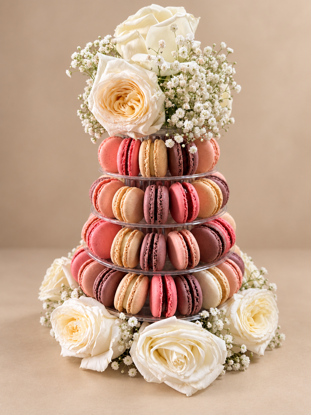 Macaron tower in pink, peach, vanilla and burgundy, topped and ringed with white roses and baby’s breath