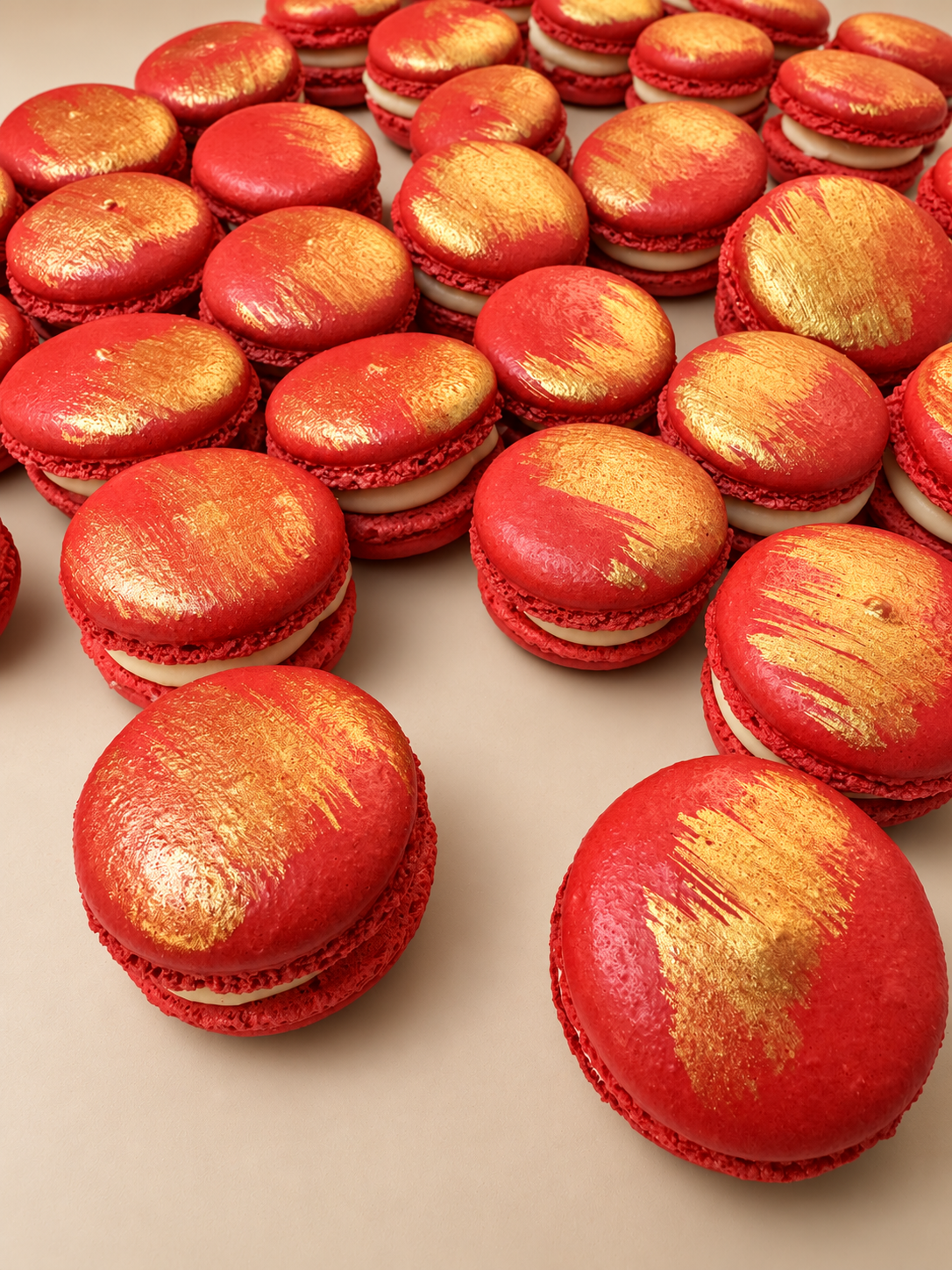Red macarons with a sweep of hand-brushed gold across each shell